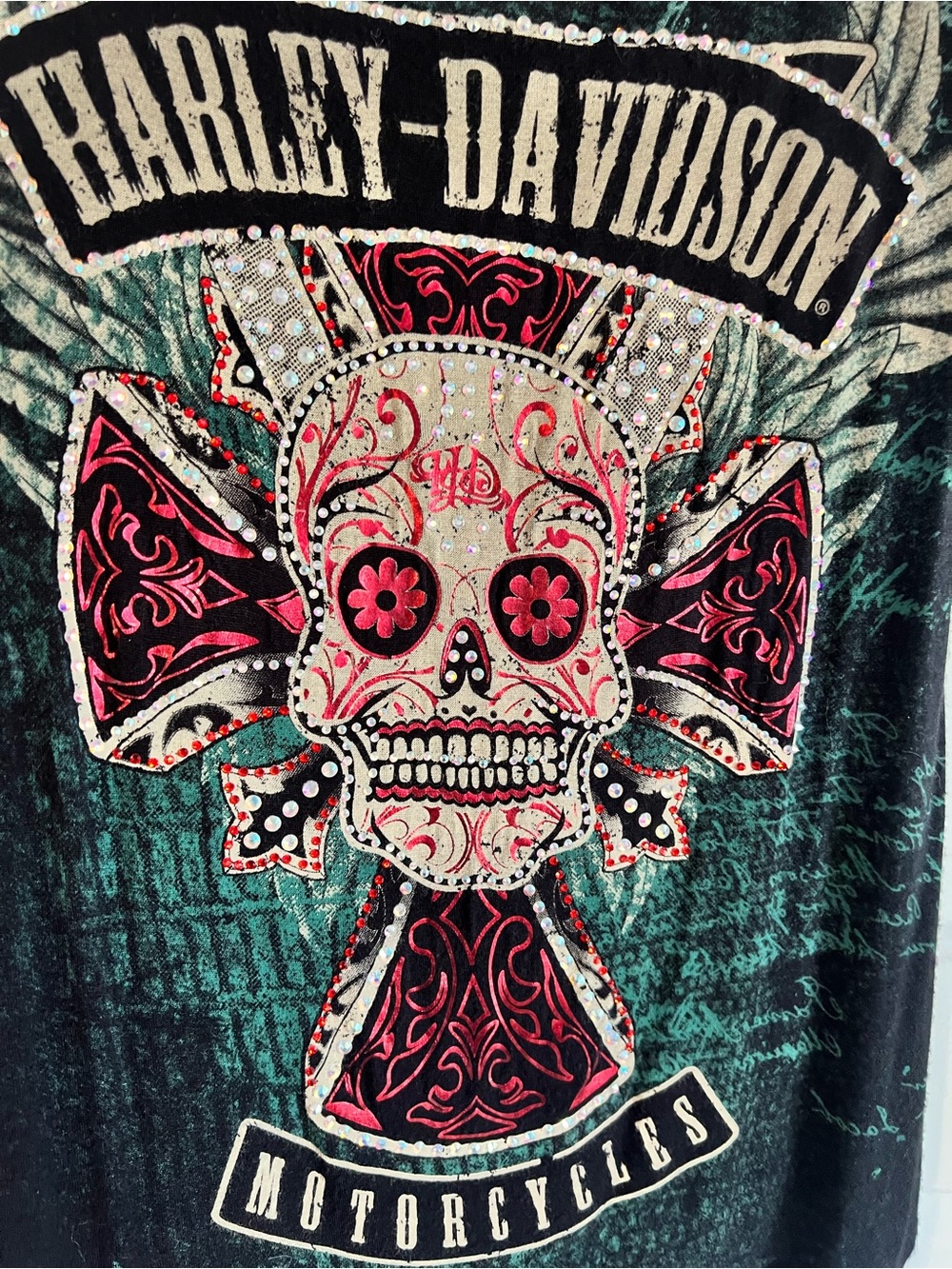 Harley-Davidson Black & Green Skull Graphic Tee with Pink Accents